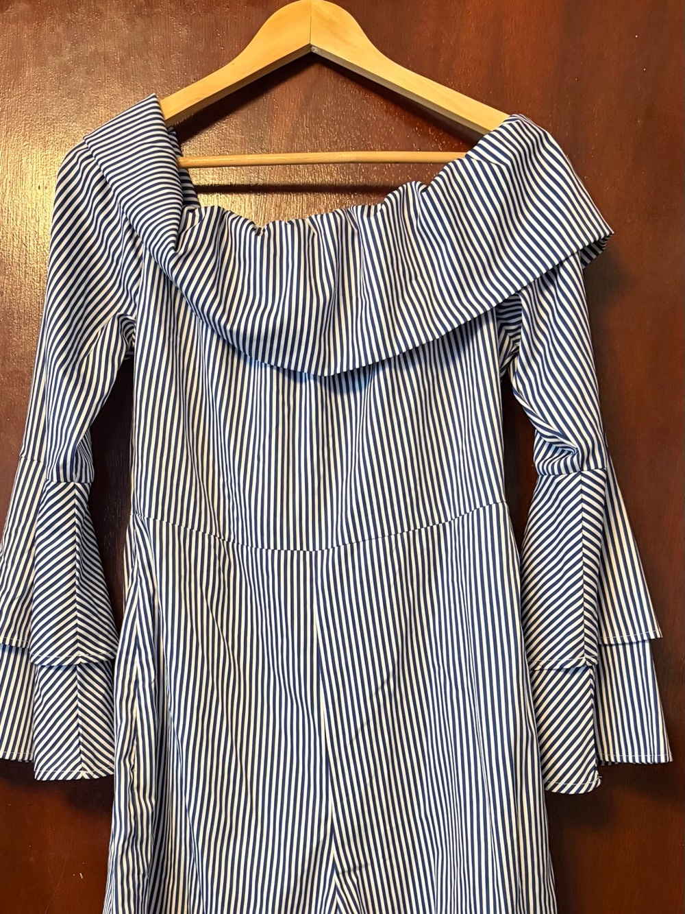 Women’s SHEIN Striped Off-Shoulder Ruffle Sleeve Romper - Blue & White